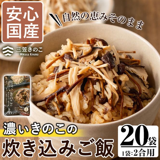 国産のえのきやきのこ使用！濃いきのこの炊き込みご飯の素(2合用×20袋) 国産 だし醤油 きのこご飯 椎茸 しいたけ 【三笠えのき茸生産組合】akn010-18