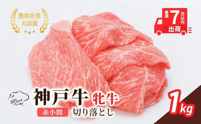 【最短7日以内発送】 神戸ビーフ 神戸牛 牝 切り落とし 赤小間 1000g 1kg 川岸畜産 すき焼き 牛丼  冷凍 大容量 肉 牛肉 すぐ届く お肉 和牛 食材 グルメ ブランド牛 日本産 国産 夕飯 晩御飯 夜ごはん