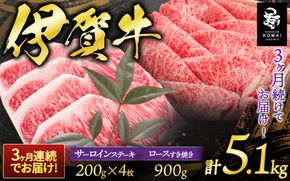 3ヶ月連続お届け 伊賀牛 サーロインステーキ、ロースすき焼きセット1700g koma-tkb0001