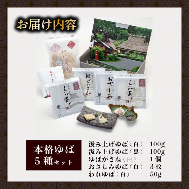 本格 ゆば 5種 セット 京・美山ゆう豆ゆばセット かぐら 生ゆば 乾燥ゆば つゆ付き 汲み上げゆば ゆばがさね おさしみゆば 湯葉 生湯葉 詰め合わせ 大豆 黒豆 京都産 丹波黒豆 京都 