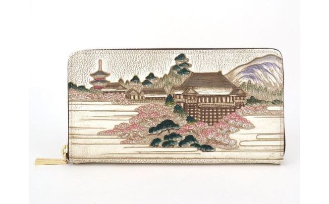 【文庫屋大関】大容量　ぐるっとファスナーの長財布　浮世絵　清水寺【皮革工芸品】 ファッション 小物 仕切り カードポケット ロングポケット 