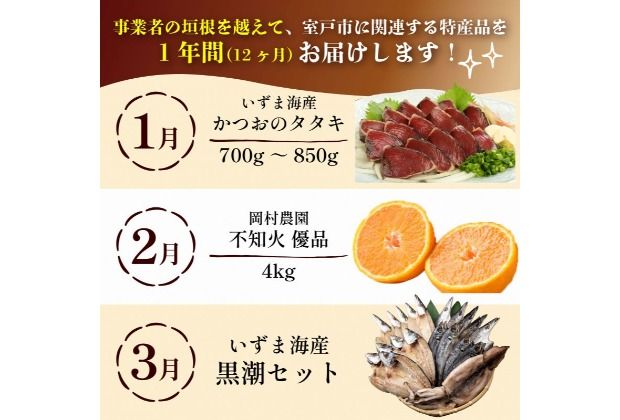【定期便 12回】室戸まるごと定期便 人気の品12か月お届けコース 定期便 海鮮 定期便 肉 定期便 果物 かつお まぐろ ネギトロ ハンバーグ 国産 魚介 鮮魚 不知火 デコポン と同品種 干物 お菓子 芋けんぴ 高知県 室戸市