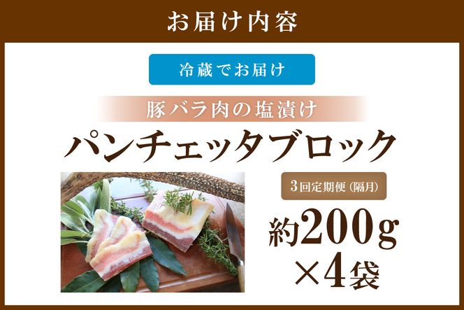 【定期便 隔月×3回】パンチェッタブロック（豚バラ肉の塩漬け）　約200g×4袋　NI00026