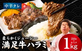 G3357 【満足牛ハラミ】中辛タレ漬け 合計1kg 【味付け ハラミ 小分け 焼くだけ 簡単調理 BBQ 牛肉 250g×4P】