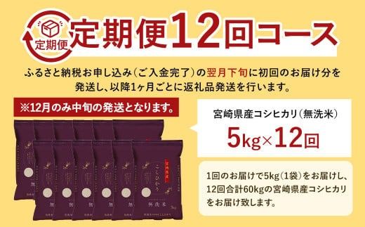 【12か月定期便】＜令和7年産 宮崎県産コシヒカリ （無洗米） 5kg チャック付き米袋 12か月定期便＞ お申込みの翌月下旬に第1回目を発送 【c1446_ku】 こしひかり コシヒカリ お米 米 コメ 国産 定期便