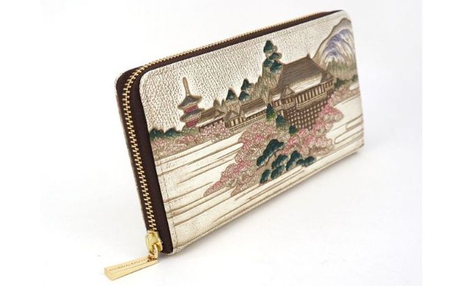 【文庫屋大関】大容量　ぐるっとファスナーの長財布　浮世絵　清水寺【皮革工芸品】 ファッション 小物 仕切り カードポケット ロングポケット 