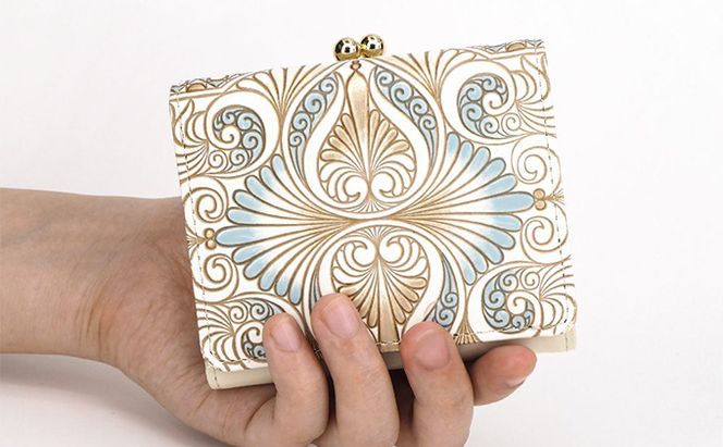 【文庫屋大関】三つ折りミニ財布　ロカイユ（ブルーグレー）【皮革工芸品】 ファッション 小物 民芸品 お札 カード 小銭 手のひらサイズ コンパクト 大人かわいい 牛革 手作り 国産 