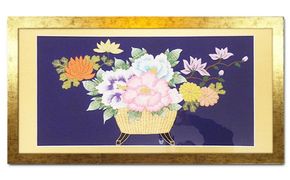 額装用 日本刺繍 「花かご」台生地「紫」×額装「ゴールド」 刺繍 伝統工芸 愛西市 / 百武打敷店[AEBR012]