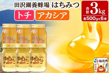 秋田県産はちみつ（アカシア・トチ）500g×各3本 合計3kg 化粧箱入り 詰め合わせセット 田沢湖養蜂場|02_tyj-070601