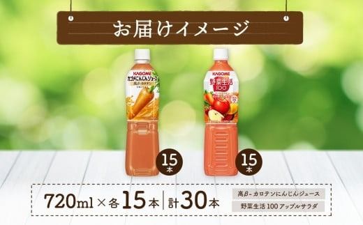 ns039-003　カゴメ 高β-カロテン にんじんジュース 野菜生活100 アップルサラダ 720ml PET 2種 各15本 計30本 野菜ジュース 野菜 果実 ジュース にんじん ミックスジュース フルーツジュース 果物 飲料 お取り寄せ ギフト ペットボトル KAGOME 送料無料 那須塩原市