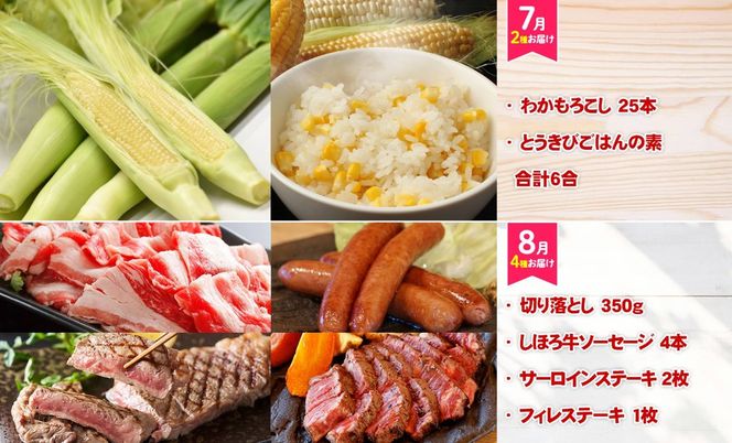 【CF】定期便 北海道 しほろ贅沢セット 全8回 しほろ牛 ステーキ 切り落とし シチュー 牛丼 コンビーフ ハンバーグ メンチカツ コロッケ ソーセージ ジンギスカン ポテト 肉まん 焼売 麻婆豆腐 とうきび ご飯の素 アイス スイーツ 送料無料 十勝 士幌町 【L906】