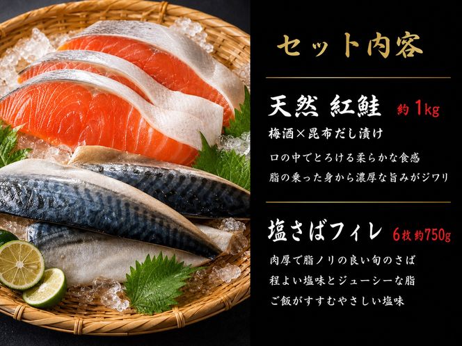 迷ったらコレ！！魚鶴商店の天然紅サケ１ｋｇ & 塩さばフィレ６枚セット【uot744B-1】