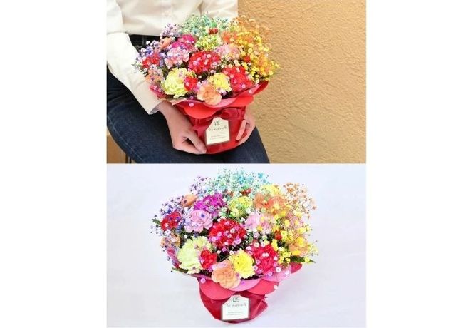 ミックススマイルバスケット ｜ フラワーアレンジメント 生花 花 ギフト ロマンチックかすみ草 七色 輝く カスミソウ カスミ草 かすみそう お祝い プレゼント アレンジ花 カラフル おしゃれ