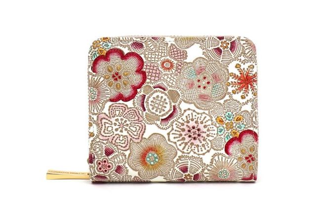 【文庫屋大関】二つ折りファスナーミニ財布 春らんまん＜茜＞【皮革工芸品】財布 二つ折り 小物 お札 カード 小銭 コンパクト 牛革 手作り 日本製 墨田区 東京都