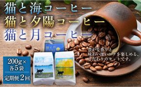 【定期便全2回】 猫と海コーヒー（浅煎りブレンド）200グラム/猫と夕陽コーヒー（中煎りブレンド）200グラム/猫と月コーヒー（深煎りブレンド）200グラム 各5袋 1セット コーヒー豆 珈琲豆 浅煎り 中煎り 深煎り 焙煎 コーヒー 珈琲 インドネシア産 ブラジル産 グアテマラ産 エチオピア産 ドリップコーヒー スペシャルティコーヒー 家カフェ 香川県 丸亀市 372013_MC074