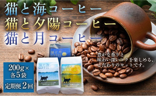【定期便全2回】 猫と海コーヒー（浅煎りブレンド）200グラム/猫と夕陽コーヒー（中煎りブレンド）200グラム/猫と月コーヒー（深煎りブレンド）200グラム 各5袋 1セット コーヒー豆 珈琲豆 浅煎り 中煎り 深煎り 焙煎 コーヒー 珈琲 インドネシア産 ブラジル産 グアテマラ産 エチオピア産 ドリップコーヒー スペシャルティコーヒー 家カフェ 香川県 丸亀市 372013_MC074