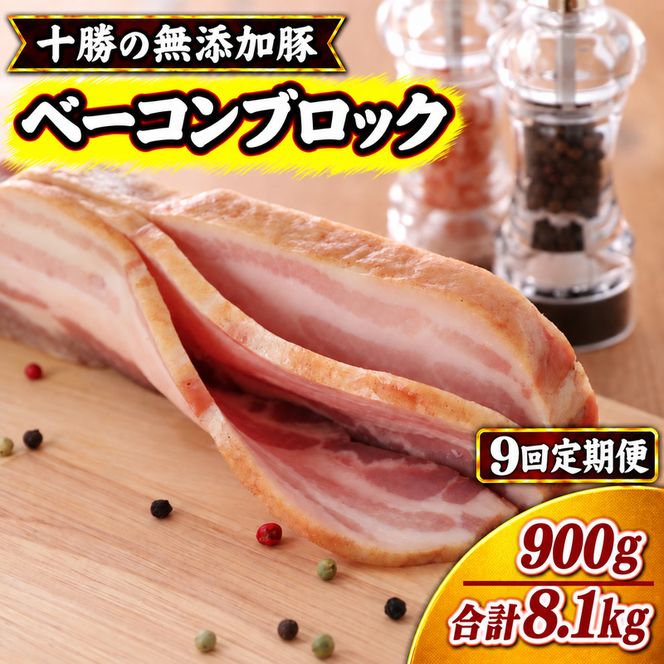 9ヵ月定期便 十勝の無添加豚 ベーコンブロック 900g ［うらがみミート］ 無塩せき 保存料・結着剤不使用【 ベーコン 詰め合わせ 肉 豚 国産 惣菜 おつまみ 料理 加工品 北海道 十勝 幕別 】