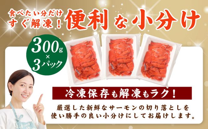 010B1195 サーモン 切り落とし 900g【小分け 刺身 海鮮丼 サラダ カルパッチョ さーもん 訳あり サイズ不揃い 時短 簡単調理 冷凍 TVで紹介】