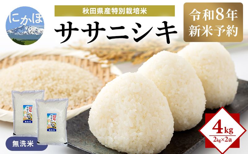 [令和8年産 新米予約][無洗米]秋田県産特別栽培米ササニシキ4kg(2kg×2袋)新米 お米 おこめ 精米 小分け 特別栽培米