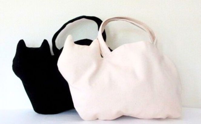 ネコ型帆布トートバッグ　白猫 ファッション かばん 国産 生地 厚手 ポケット 