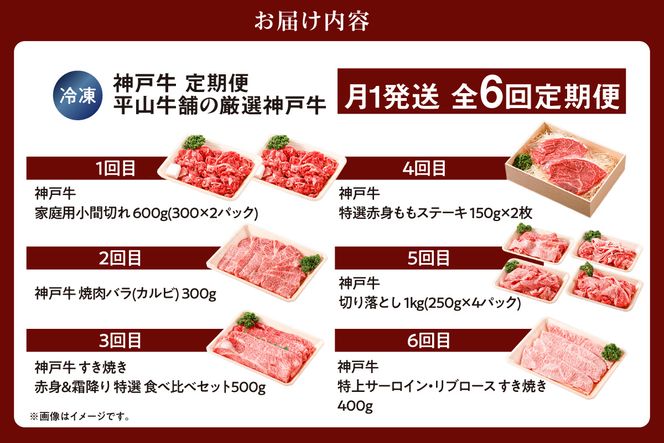 【神戸牛 定期便 平山牛舗の厳選神戸牛 月1回発送 全6回 冷凍 産地直送】①小間切れ600g ②焼肉バラ（カルビ）300g ③赤身&霜降り特選食べ比べセット500g ④赤身ステーキ150g×2 ⑤切り落とし1kg ⑥特上サーロイン・リブロースすき焼き400g 牛肉 KOBE BEEF 神戸牛 但馬牛 ふるさと納税 おすすめ 返礼品 但馬 神戸 美方 小代 兵庫県 香美町 平山牛舗 61-14