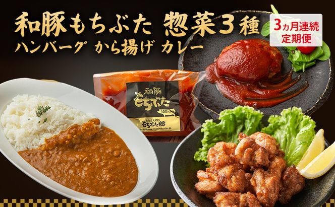 【3ヵ月定期便】全3回 和豚もちぶた 惣菜3種 ハンバーグ から揚げ カレー 夕飯 時短 小分け 簡単 レンチン  レトルト 和豚 豚肉 ポーク 肉 豚 アウトドア お弁当 もちぶた館 大河原町