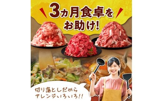 お料理に大活躍 ！ 切り落とし肉 食べ比べ 定期便 ブランド牛 十勝若牛 雪晴れ豚 便利な牛肉 豚肉 3回 定期便_S999-0015