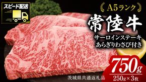 【 スピード発送 】 【常陸牛 】 A5 等級 サーロイン ステーキ 250g × 3枚（ 合計 750g ） あらぎり わさび 1本付 ( 茨城県共通返礼品 ) 黒毛和牛 国産 お肉 肉 A5ランク ブランド牛 牛肉 ひたち牛 ブランド和牛 ステーキ用 ワサビ付 山葵 焼肉 焼き肉 バーベキュー BBQ 化粧箱 ギフト