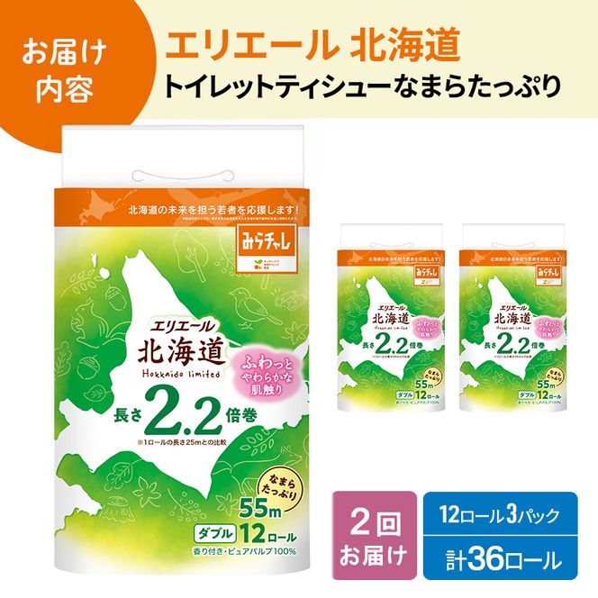 定期便 2ヵ月連続お届け エリエール ハーフサイズ 収納に便利 コンパクト 【少量3パック】 北海道 トイレット ダブル 55m 12ロール 3パック なまらたっぷり 2.2倍巻 トイレットペーパー 大容量 まとめ買い