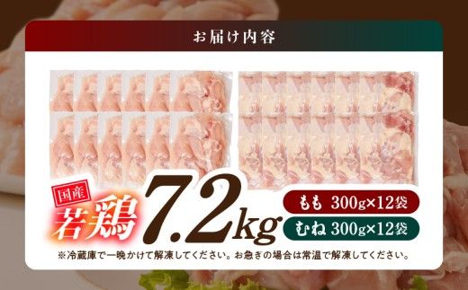 国産若鶏7.2kg 小分けパック!カット済み!(もも300g×12P・むね300g×12P)_22-33-007-7200g