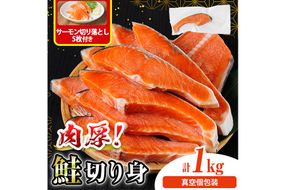 真空個包装 肉厚 鮭 切り身(1kg)  サーモン切り落とし5枚付き！ 厚切り 塩 しゃけ さけ サケ 切身 塩鮭 塩焼き 焼き魚 おかず お惣菜 冷凍 厚切【AW-137】【丸正水産】