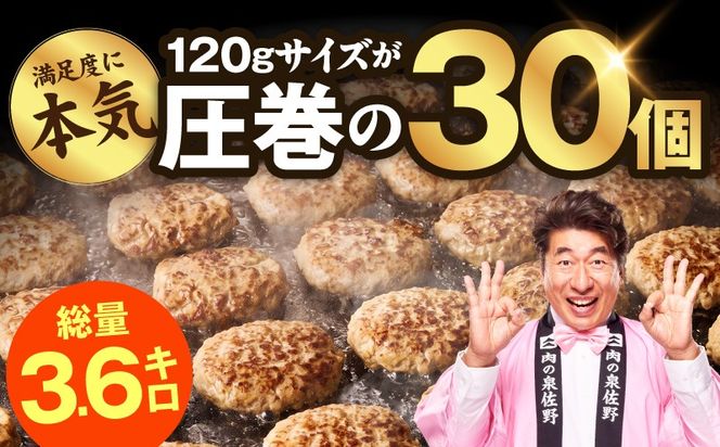 CFX0115 肉の泉佐野 ハンバーグ 30個（合計3.6kg）【黒毛和牛 なにわポーク入り 120g×30個 小分け 冷凍 ストック 人気 総菜 はんばーぐ 訳あり 簡単調理 おかず お弁当】
