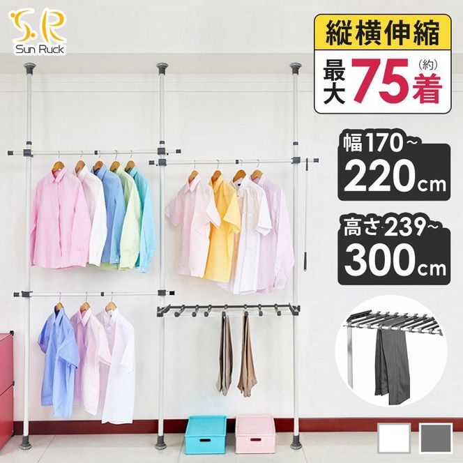 突っ張り棒 ハンガーラック 2段 幅170-220cm 伸縮 耐荷重100kg 高さ調節 天井突っ張り式 つっぱり棒 ロング ポールハンガー 強力 服 衣類 収納 部屋干し 室内物干し 物干し竿 洗濯物 一人暮らし 新生活 白 ホワイト SunRuck SR-TH03SL