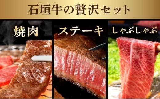 【2025年11月以降順次発送】希少な特選石垣牛をご家庭で！！全3回合計1.1kg　上カルビ、ヒレステーキ各400gずつ、特選しゃぶしゃぶ用300g & 石垣牛 MARU秘伝の焼肉タレ100ml×1本