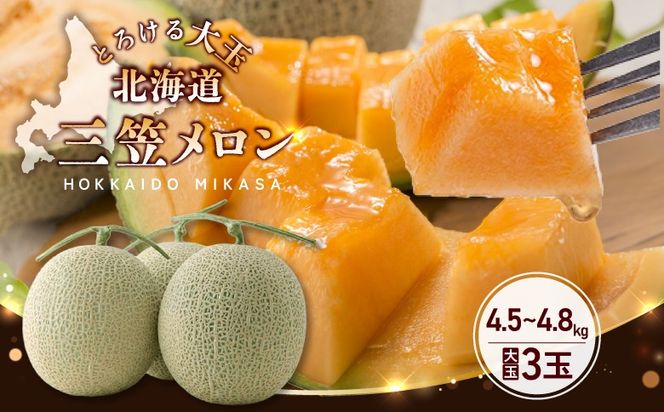 《2026年分受付中》大玉！とろける食感と甘い香り北海道三笠メロン3玉入（4.5kg～4.8kg）【0100203】