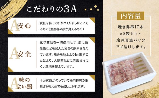 遠州地鶏一黒シャモ使用！こだわりの焼き鳥串10本×3袋セット総量　約900g　地鶏 軍鶏 しゃも 冷凍 送料無料 もも むね 生肉 美味しい ヘルシー お取り寄せ 贅沢 記念日 お中元 お歳暮 自宅用 家庭用 国産 222232_BB007