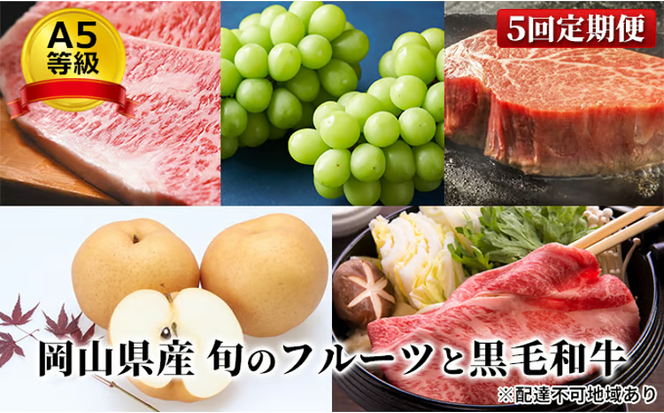 フルーツ 肉 2026年 先行予約 晴れの国 おかやま の 旬のフルーツと A5等級 黒毛 和牛 5回 定期便 ぶどう 牛肉 梨 岡山県産 国産 ギフト