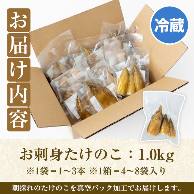 ＜先行予約受付中！2027年3月上旬以降順次発送予定＞ 【平日着】お刺身たけのこ(計1kg) 国産 鹿児島県産 朝採れ タケノコ 竹の子 筍 真空パック 野菜 春 旬 【上野食品】akn008-06-A