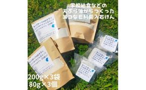 学校給食などの天ぷら油が大変身！地球に優しいエコなEM菌入石けん 海の京都 京丹後からお届け/粉石けん200g×3袋＋固形石鹸3個 ふるさと納税 石鹸 石けん 粉せっけん 固形石けん クリーナー 洗濯 掃除　KG00008