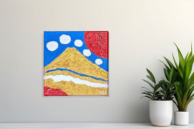 富士山溶岩パワーアート「白雲に黄金富士と太陽D」　絵画 富士山 溶岩 アート インテリア パワーアート 山梨 富士吉田