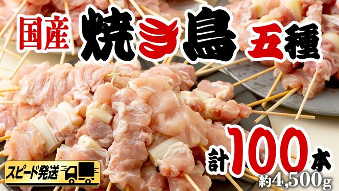 【 スピード 発送 】1本45g×100本！合計約4500g！ボリュームたっぷり、国産鶏 焼き鳥 5種100本 セット （各20本入り） 焼鳥 鶏肉 おかず おつまみ [AI12-NT]