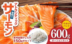 G3805-1 アトランティックサーモン 600g＆しらす150g【小分け ポーション 柵切 しらす シラス sirasu 刺身 魚介 海鮮 さーもん 生食 お試し】