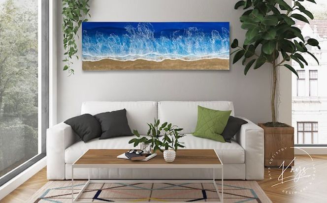レジンアート 『波のキャンバス』 ブルーオーシャン ワイドパネル (W120×H40cm) アート インテリア 絵画 アートパネル おしゃれ 沖縄市 / Kays Artistry[BCAG019]