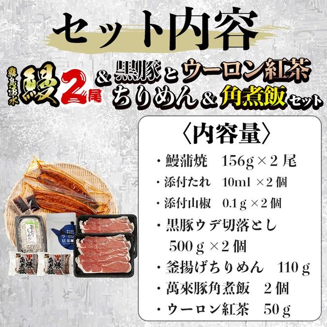 霧島湧水鰻2尾＆釜揚げちりめん＆黒豚ウデ切り落とし＆ウーロン紅茶＆角煮飯セット b8-034