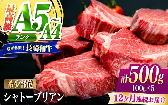【12回定期便】シャトーブリアン 長崎和牛 500g（100g×5）/ A4 A5 ヒレ ステーキ 赤身 フィレ しゃとーぶりあん 国産 和牛 牛肉 / 南島原市 / 肉のくまもと屋株式会社[SHD040]