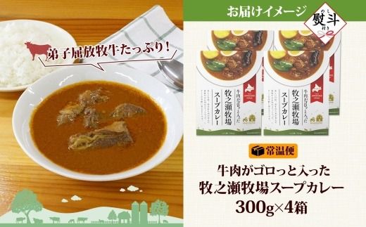 3026. 無地熨斗 ビーフ スープカレー 300g 4箱 カレー ビーフカレー スープ 牛 牛肉 放牧牛 牧場 レトルトカレー レトルト食品 レトルト 湯煎 レンジ 牧之瀬牧場 送料無料 北海道 弟子屈町