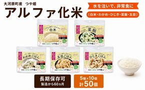 宮城県大河原町産つや姫のアルファ化米 100g 5種×10袋 計50袋 バラエティセット 白米 菜飯 五目 ひじき わかめ お米 長期保存 非常食 アルファ米 ご飯 ごはん 防災食 備蓄 保存食 常温 つや姫