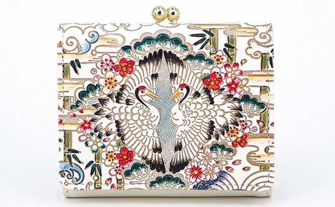 【文庫屋大関】三つ折りミニ財布　むかい鶴【皮革工芸品】 ファッション 小物 民芸品 お札 カード 小銭 手のひらサイズ コンパクト 亀甲文様 牛革 手作り 国産 