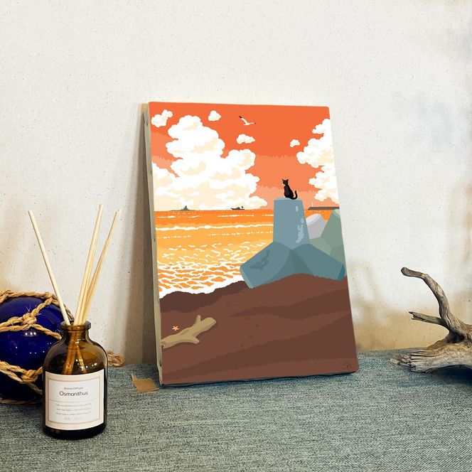 湘南・茅ヶ崎で描く、海を感じるイラストアート 『 湘南ランドスケープ09：夕暮れのサザンビーチ 』　キャンバスアートパネル（小）/絵画 風景 犬 猫