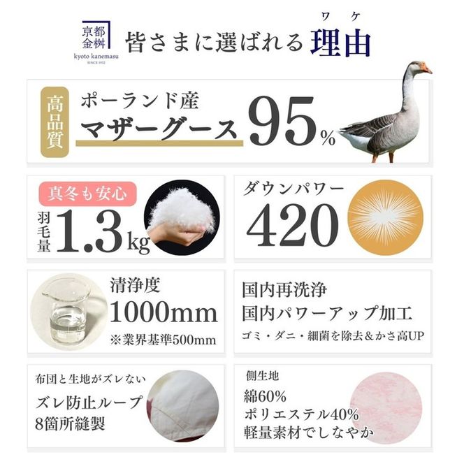 ＜京都金桝＞特殊2層キルト 羽毛布団 ロワーレ(ポーランド産マザーホワイトグースダウン95％・たっぷり1300gふっくら仕上げ）カラー：ピンク ≪国内再洗浄 DP420≫